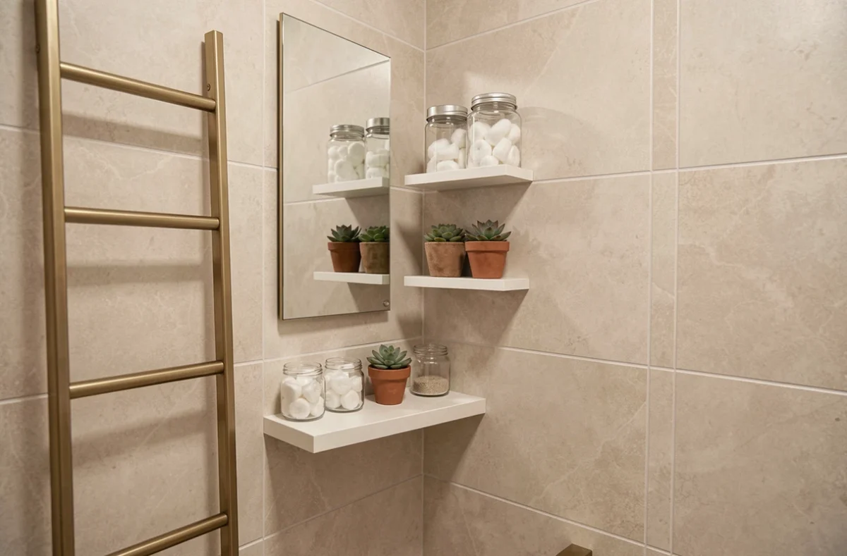 Coin salle de bain minimaliste avec rangements encastrés, étagères flottantes et robinetterie laiton pour petit espace