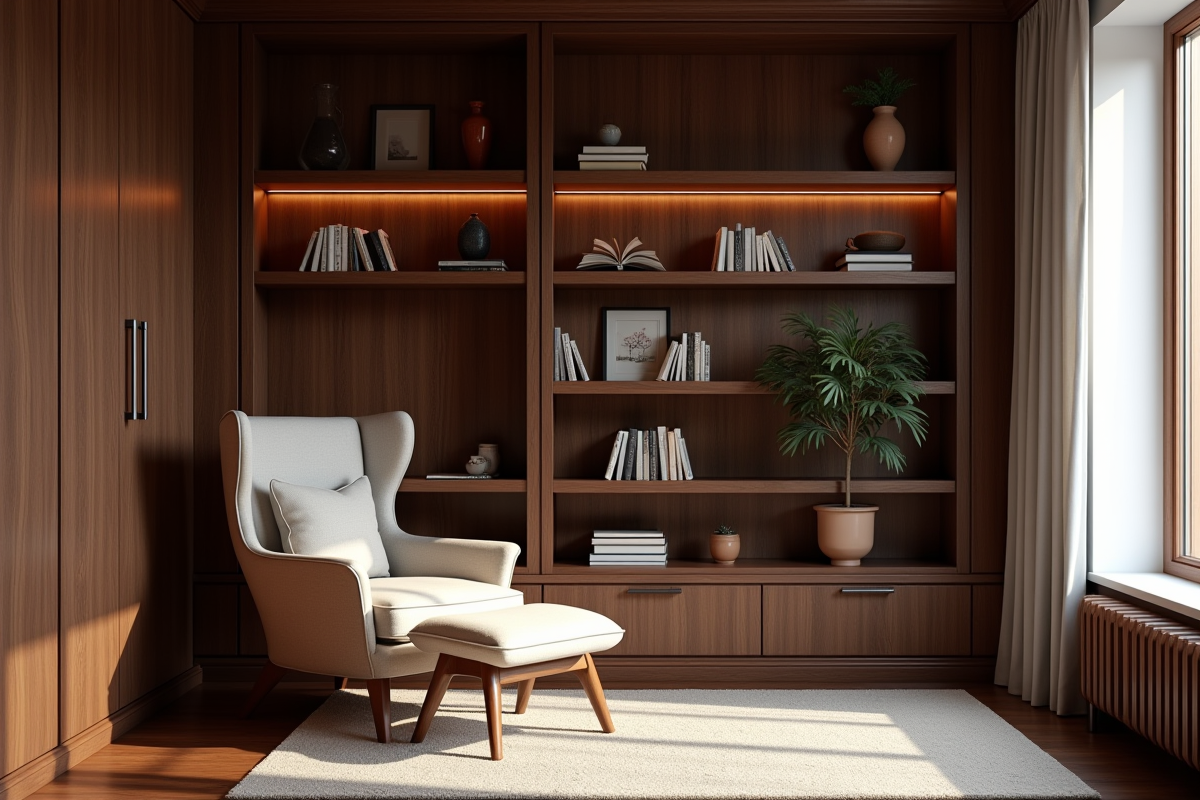 Coin lecture chaleureux avec boiserie en noyer et fauteuil confortable