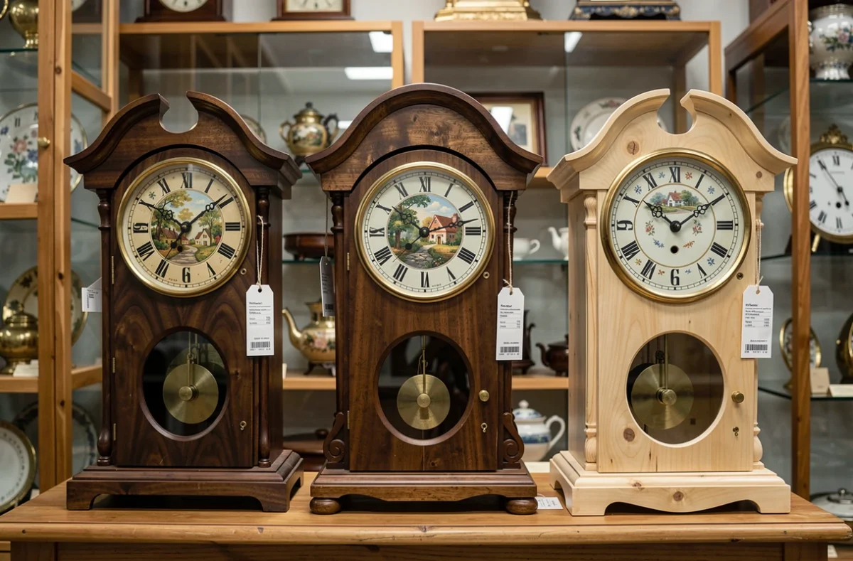 Trois horloges comtoises de styles régionaux différents exposées avec leurs étiquettes de prix dans une boutique d'antiquités spécialisée