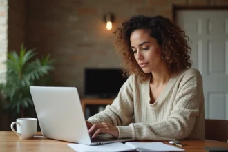 Femme comparant les offres d'assurance habitation Acheel et banques sur un ordinateur portable dans une cuisine moderne