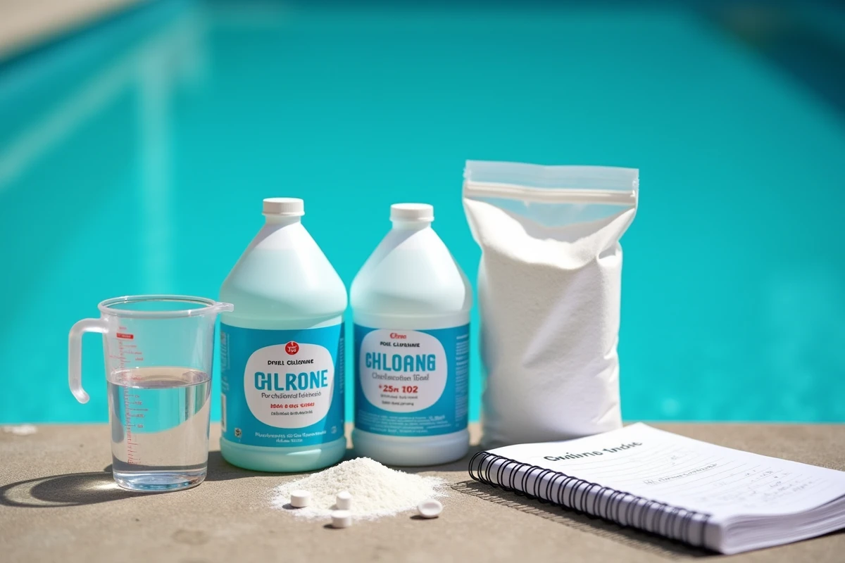 Comparaison des trois formes de chlore pour piscine : liquide, poudre et galets, disposés sur le bord d'une piscine avec matériel de dosage