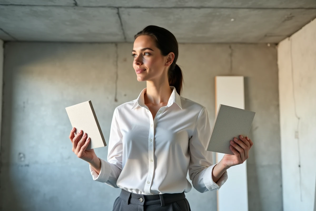Designer comparant des échantillons de plafond tendu et de placo dans un chantier