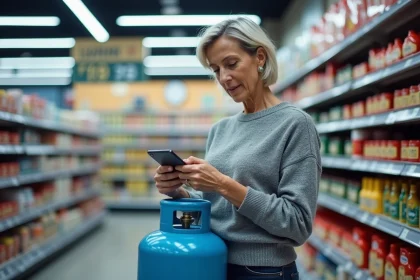 Femme comparant les prix des bouteilles de gaz Leclerc et Carrefour dans un supermarché