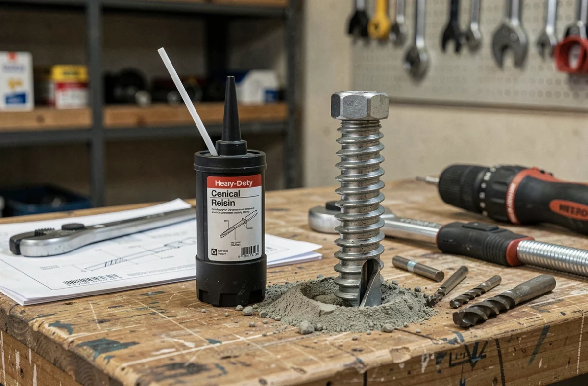 Comparatif entre scellement chimique résine et cheville mécanique à expansion pour charges lourdes sur établi d'atelier