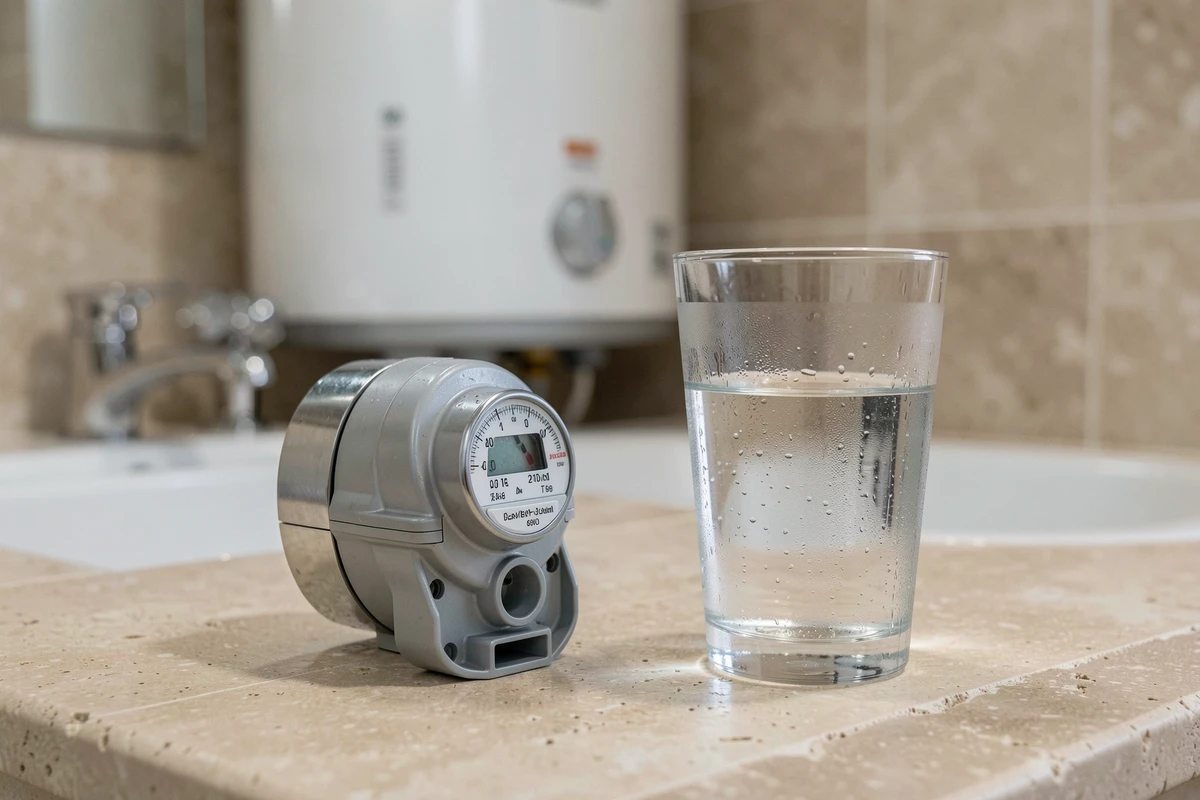 Compteur d'eau et verre d'eau posés sur un plan vasque en pierre avec chauffe-eau électrique en arrière-plan