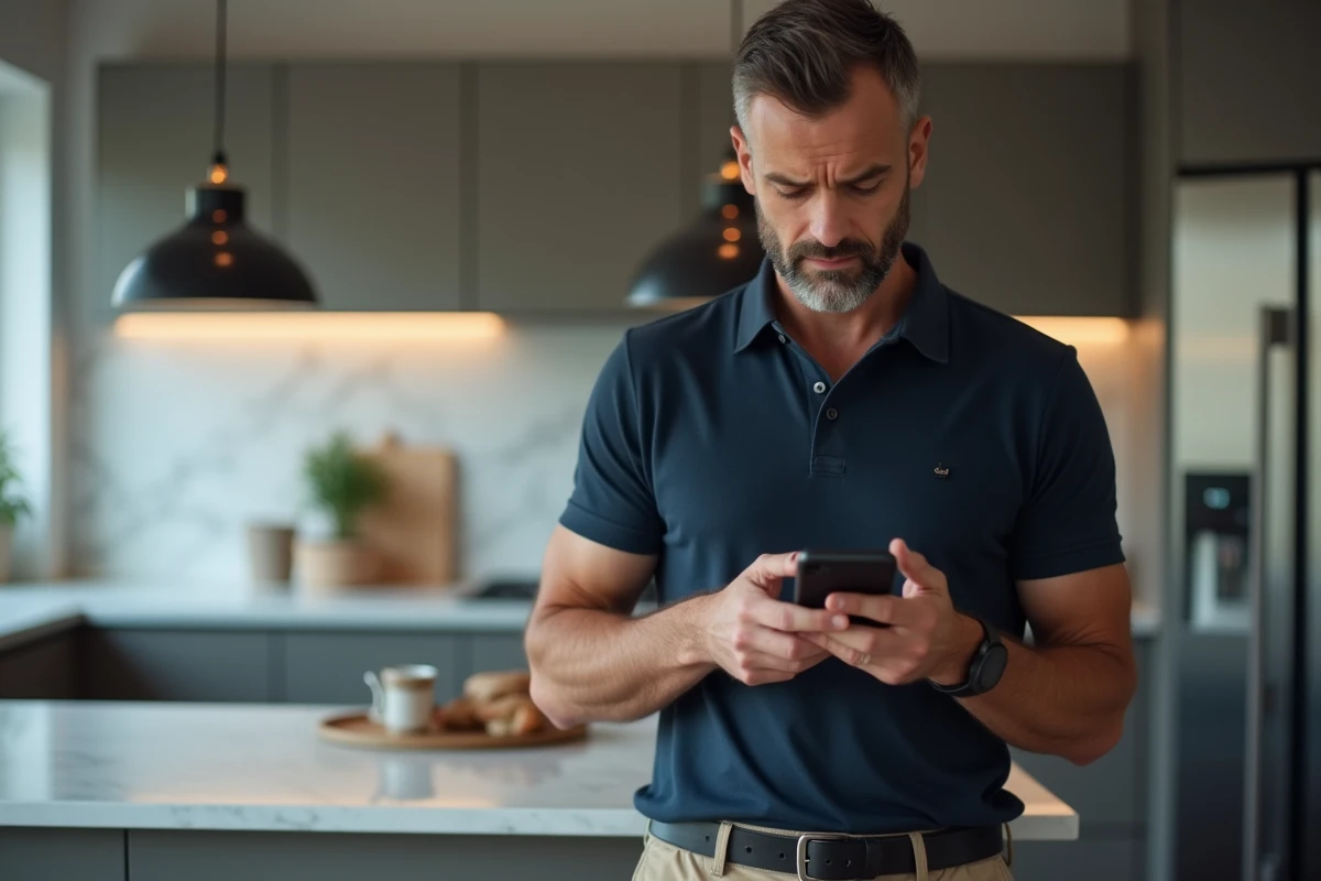 Homme perplexe consultant son smartphone avec une erreur de configuration dans une application domotique dans une cuisine moderne