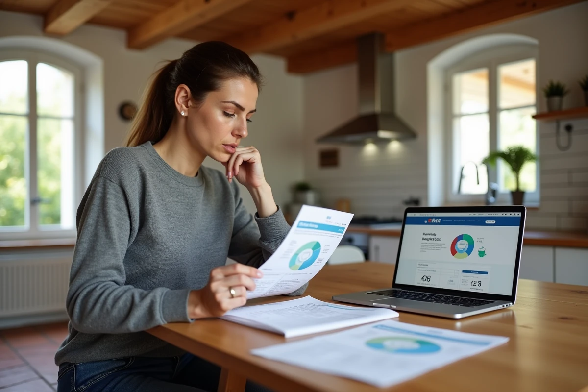 Femme consultant un rapport d'audit thermique imprimé et un site web de performance énergétique sur ordinateur portable dans une cuisine française