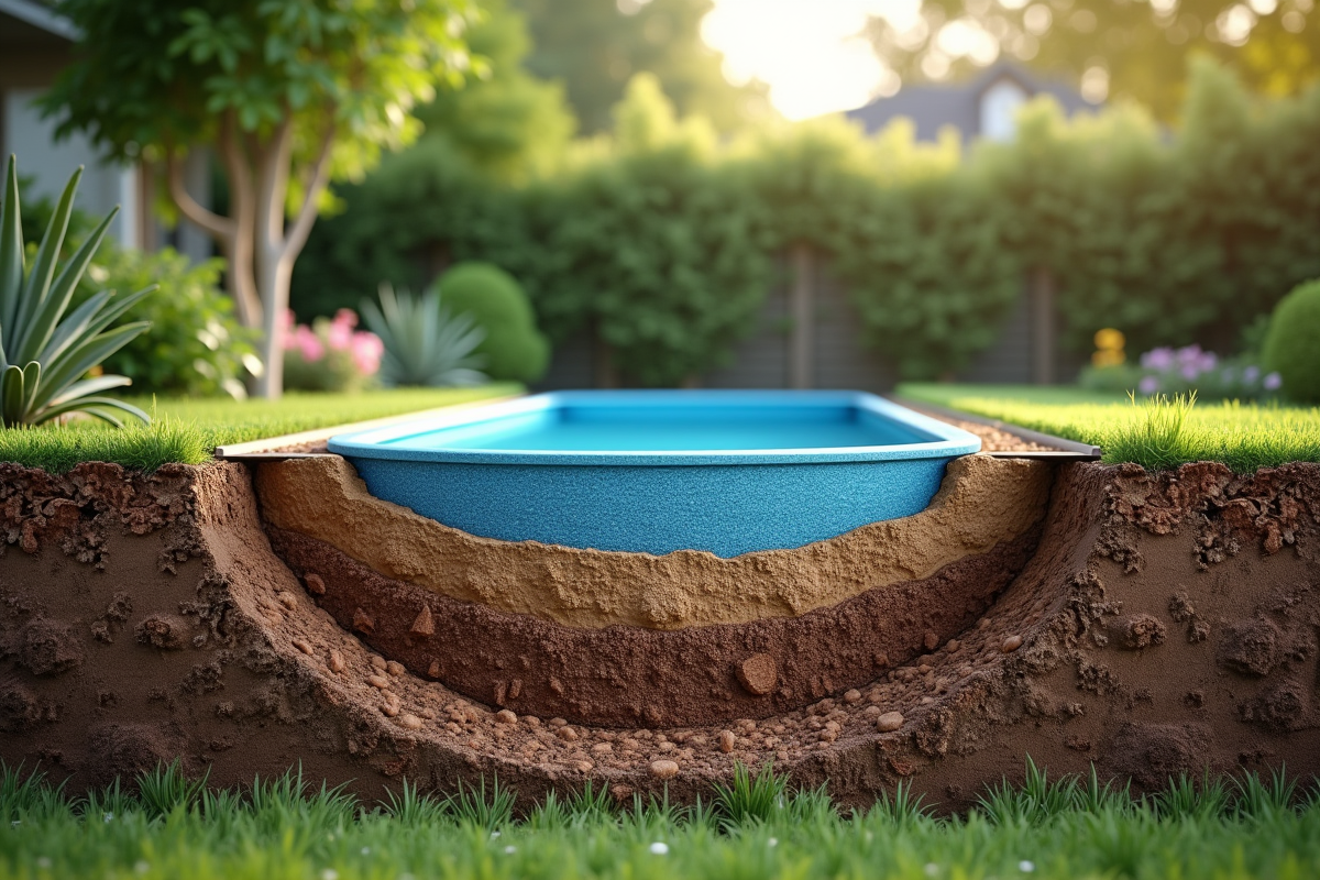 Vue en coupe du jardin avec piscine hors sol et couches de sol