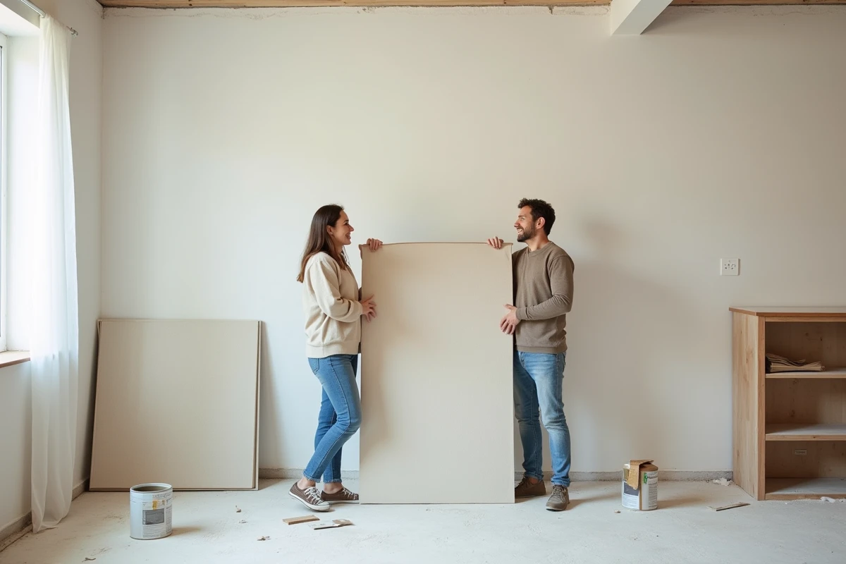 Couple comparant des panneaux de tissu décoratif dans un salon en travaux lors d'un projet de refonte complète de la décoration intérieure