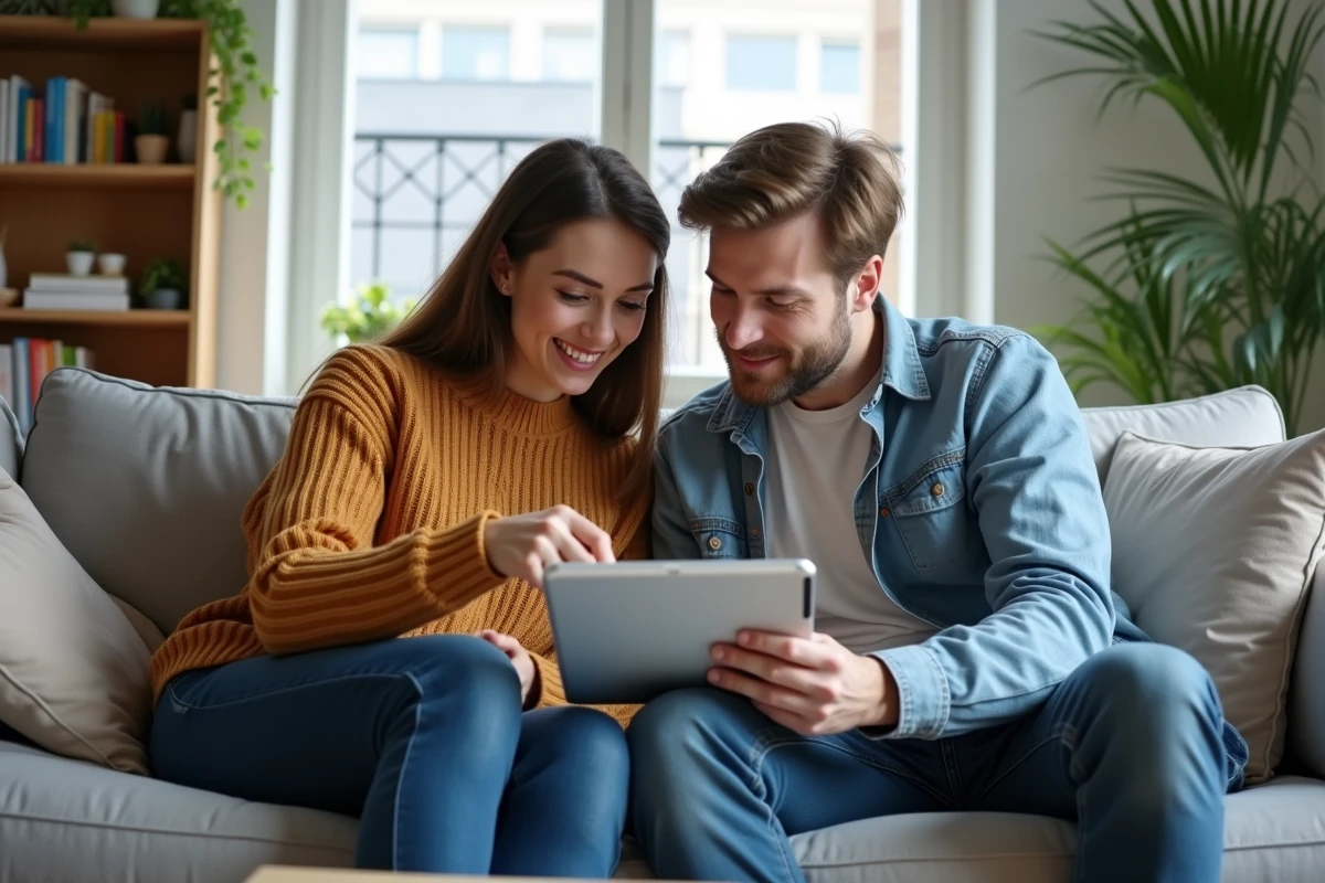 Couple comparant les tarifs et avis d'Acheel avec les assurances habitation proposées par les banques sur une tablette