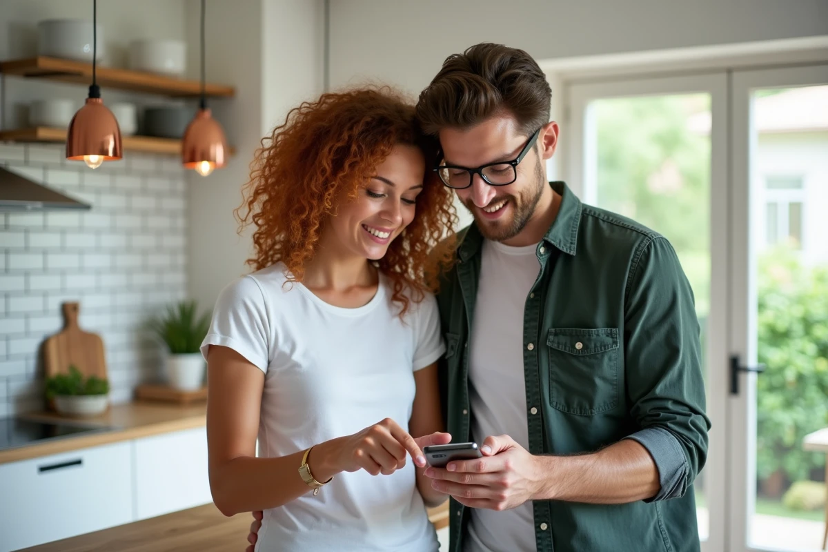 Couple consultant ensemble un site d'informations maison et travaux sur smartphone dans une cuisine contemporaine ouverte