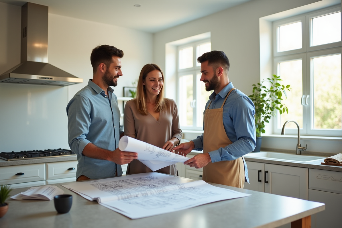 Couple heureux discutant de renovation avec un artisan dans une cuisine lumineuse
