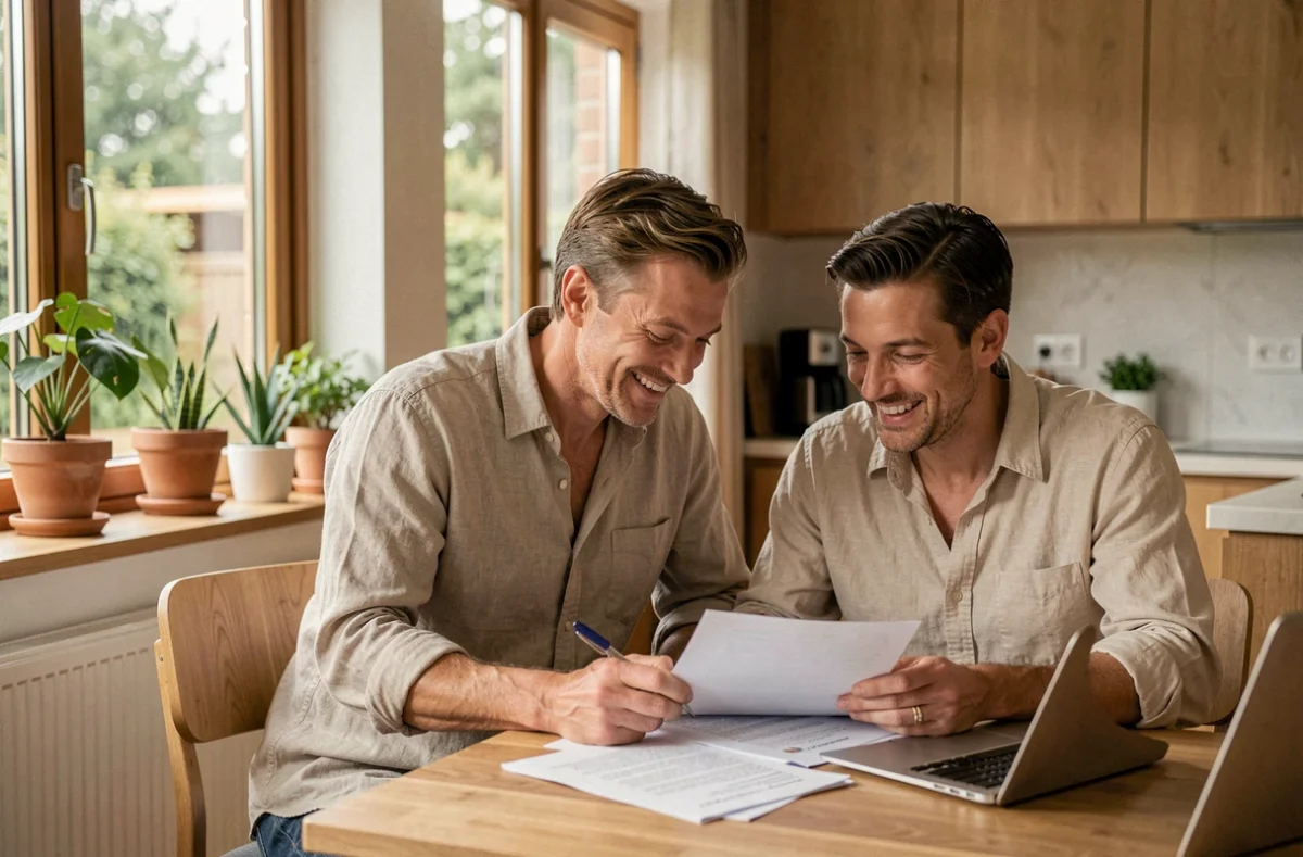 Couple consultant des documents de financement pour leur studio de jardin Greenkub à la maison
