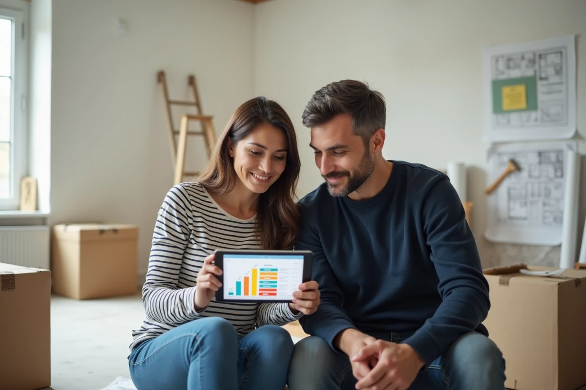 Couple assis sur des cartons consultant une application de gestion de budget rénovation sur tablette dans un appartement en cours de rénovation