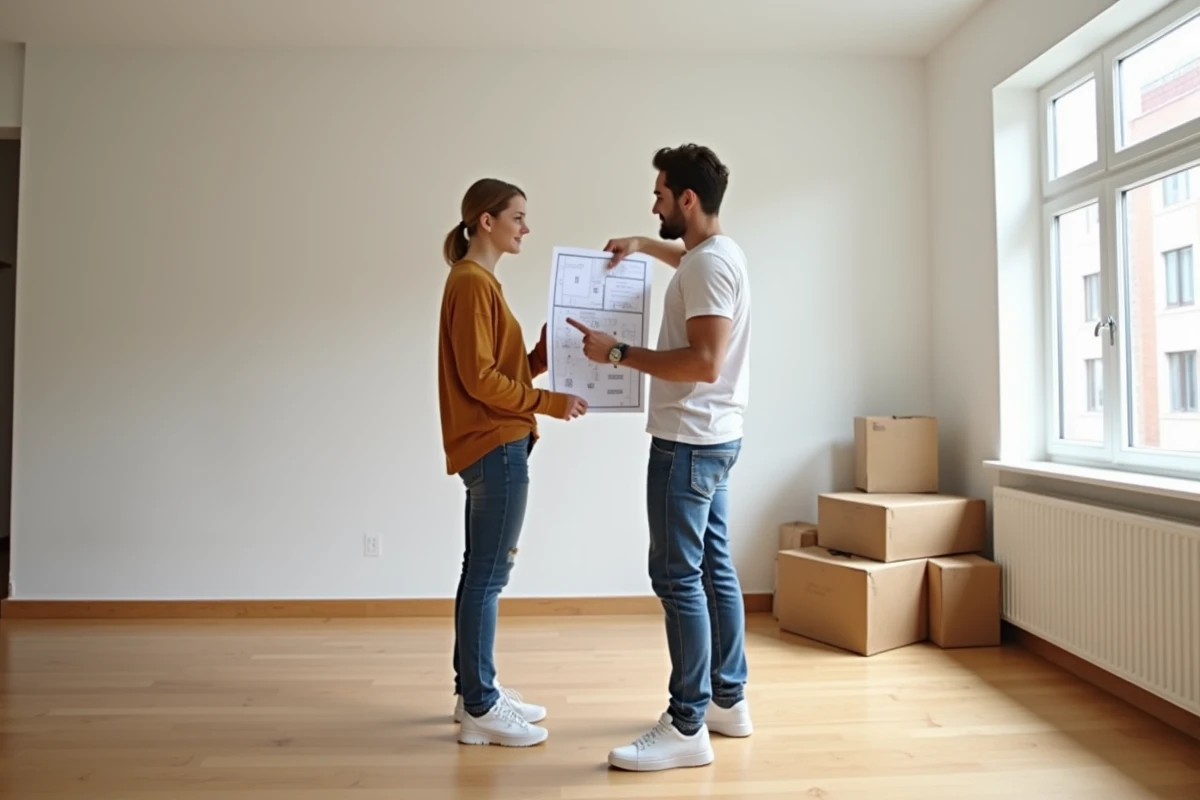 Jeune couple examinant un plan intérieur en rénovation