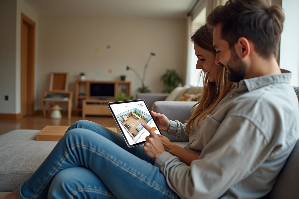 Couple consultant un plan d'aménagement 3D de leur salon sur une tablette pendant des travaux de rénovation