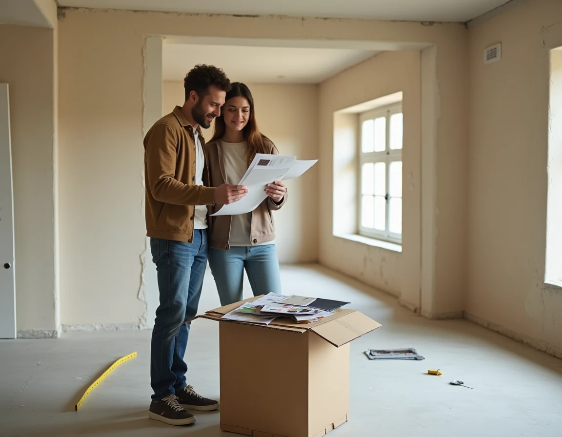 Couple examinant des planches décoratives dans une pièce en cours de rénovation avec un budget limité