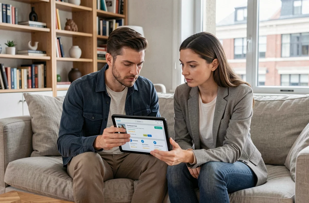 Couple consultant les avis en ligne sur une tablette pour vérifier un artisan avant de le contacter