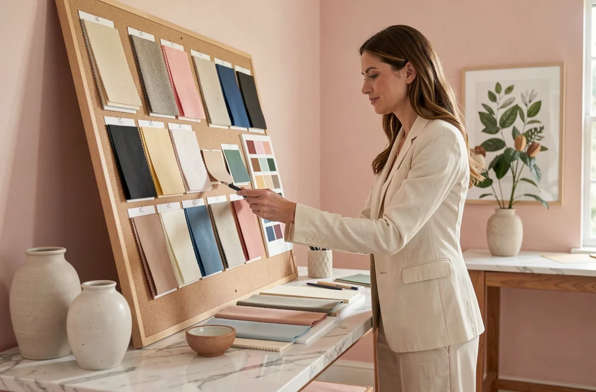 Jennifer Couturier, décoratrice d'intérieur, composant un tableau d'inspiration avec des échantillons de tissu et palettes de couleurs