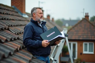 Ouvrier couvreur inspectant un toit en tuiles avec dossier d'assurance