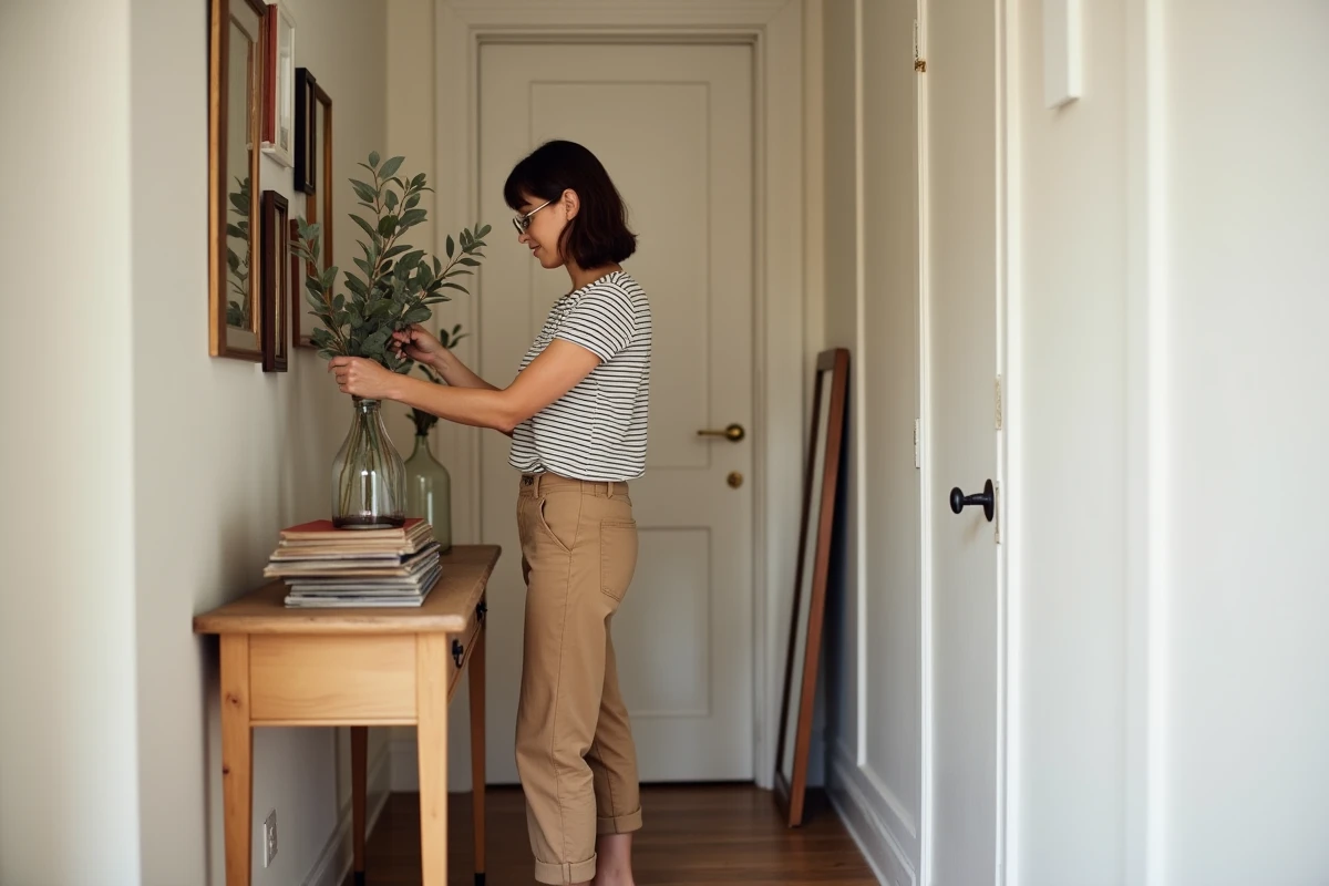 Femme décorant une console d'entrée étroite avec des objets DIY et récupérés dans un couloir d'appartement