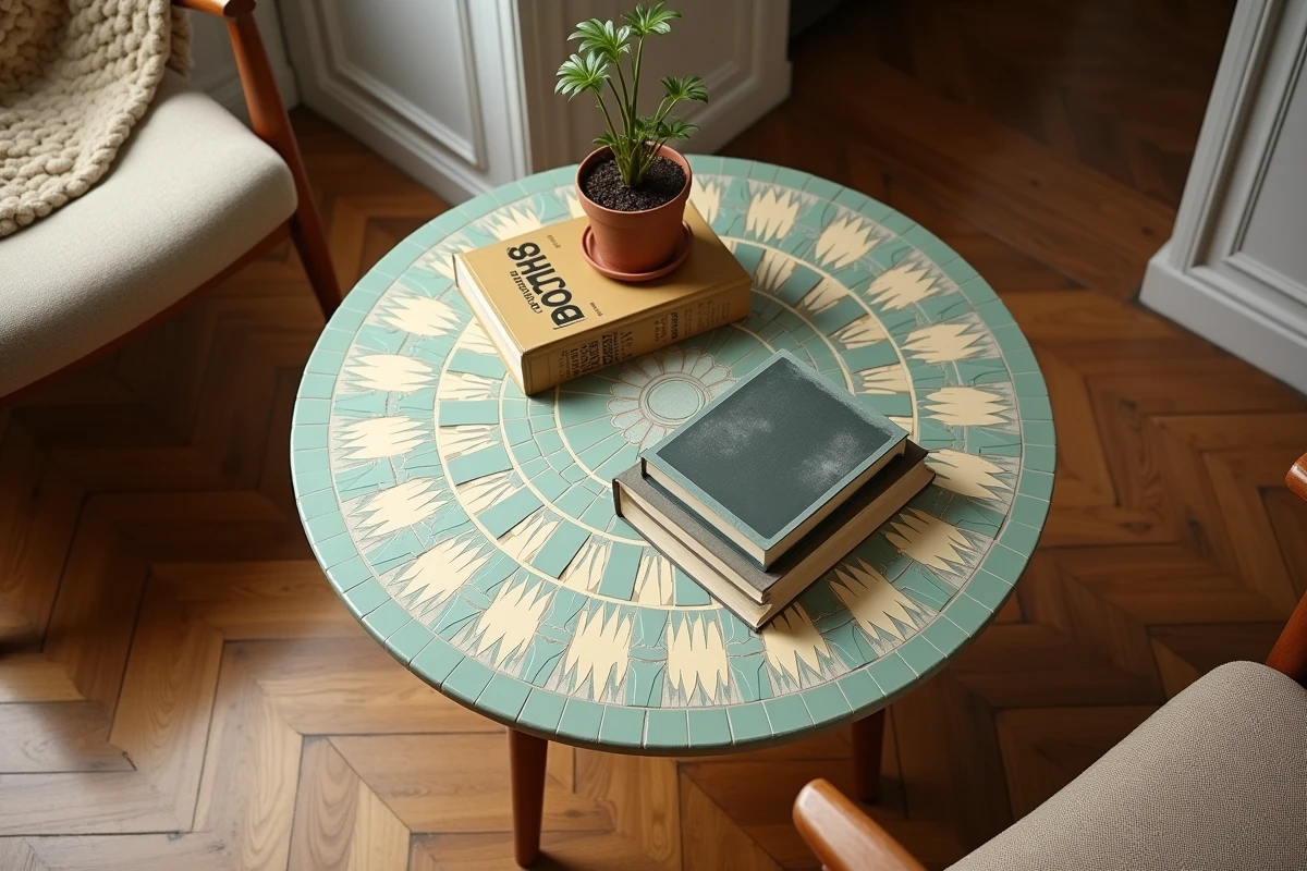 Scène de décoration intérieure avec table basse Capron en céramique mosaïque verte, appartement parisien vintage