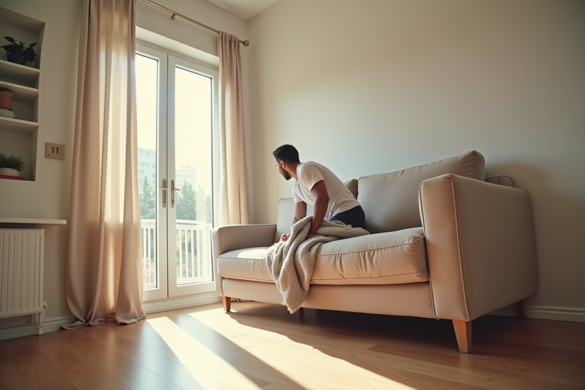 Personne faisant glisser un canapé beige dans le salon