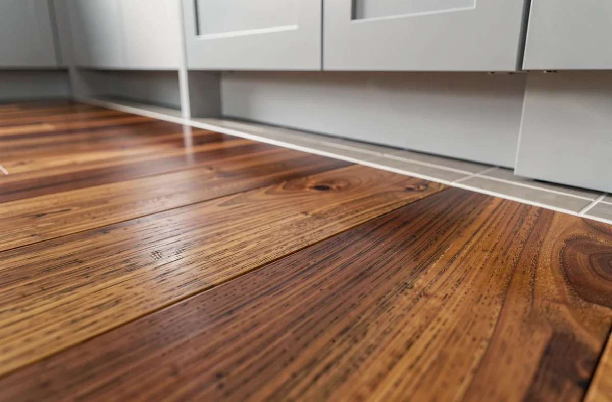 Détail de parquet noyer verni au sol d'une cuisine contemporaine avec transition carrelage