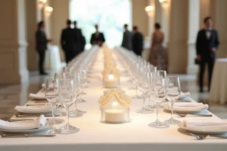 Table de buffet élégante avec verres à vin, flûtes à champagne et gobelets disposés en rangées organisées sur une nappe blanche en lin