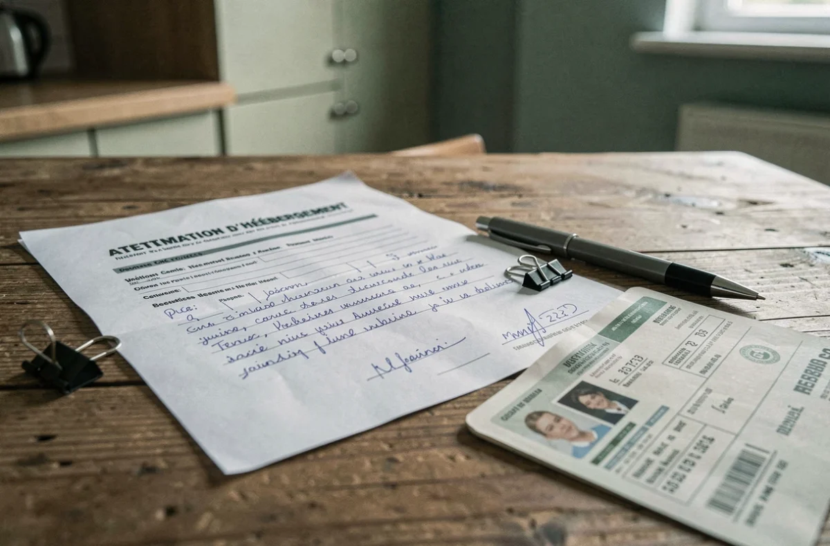 Documents administratifs pour justificatif de domicile posés sur une table incluant attestation d'hébergement et pièces d'identité