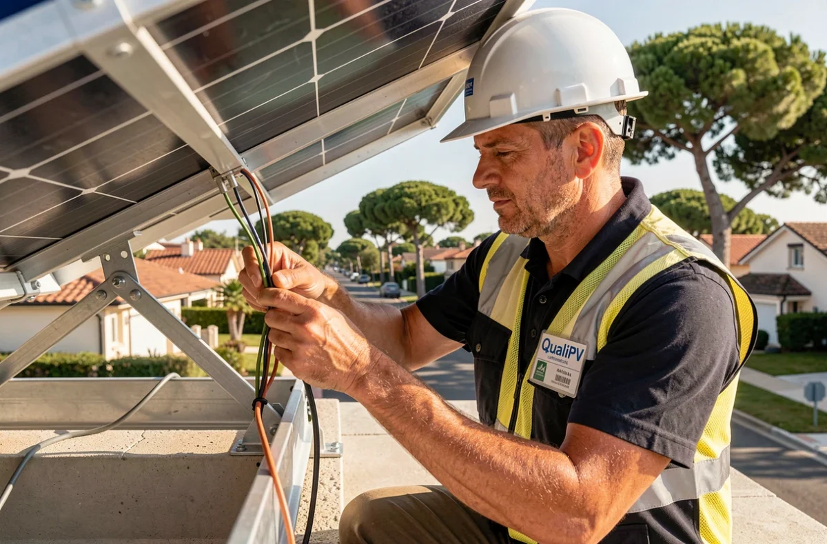 Installateur certifié QualiPV de Domty réalisant un raccordement électrique sous un panneau solaire dans le Var