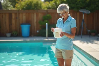 Femme lisant l'étiquette d'un produit de chlore granulé au bord d'une piscine pour doser correctement le traitement de l'eau
