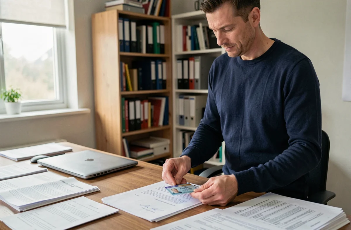 Homme organisant des documents officiels pour constituer un dossier de justificatif de domicile