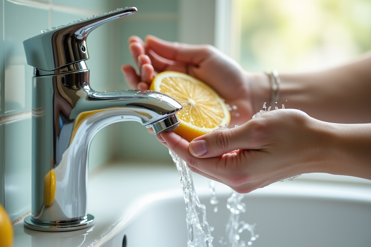Mains nettoyant un robinet avec pâte de bicarbonate et citron