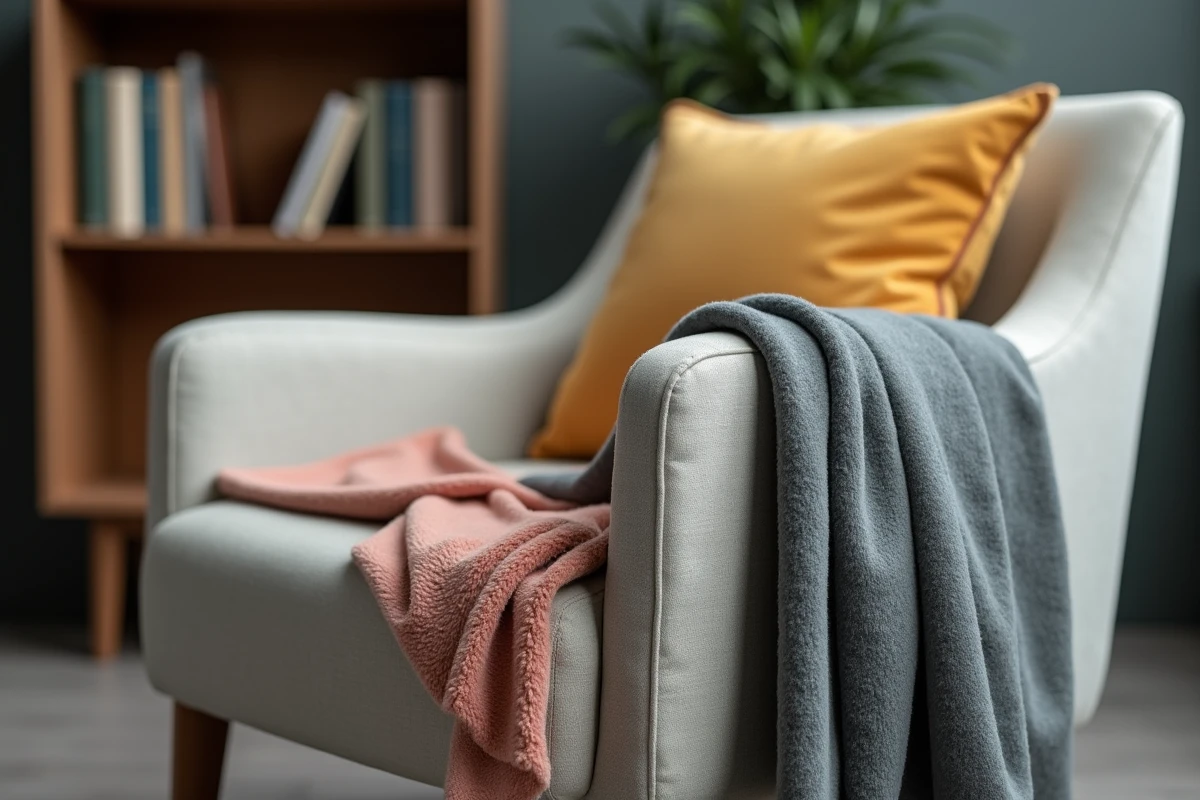 Échantillons de tissu velours bouclé et microfibre sur l'accoudoir d'un fauteuil pour choisir le bon revêtement de canapé