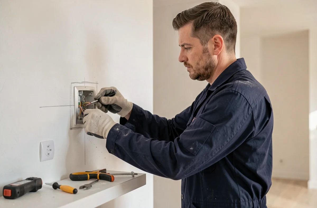 Électricien installant une prise de courant renforcée sur un mur blanc dans un appartement moderne