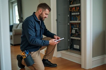 &Eacute;lectricien homme utilisant une tablette dans une maison moderne