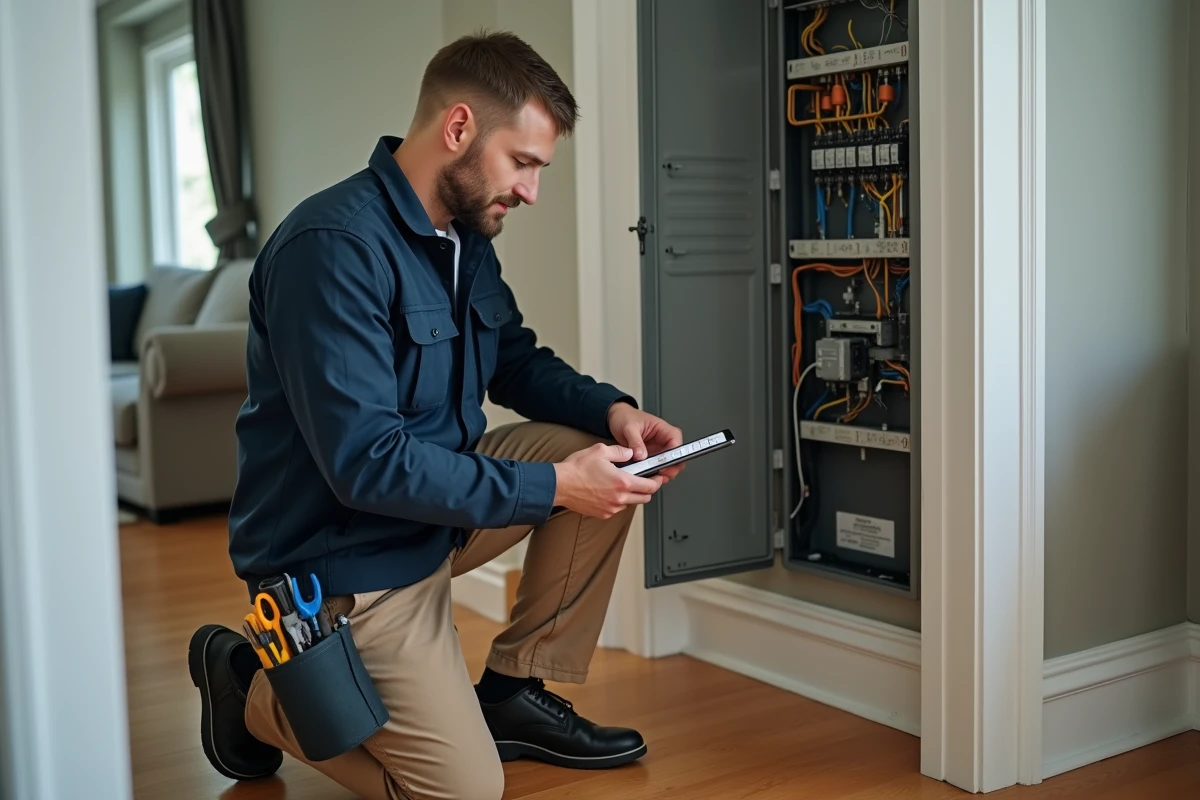 Électricien homme utilisant une tablette dans une maison moderne