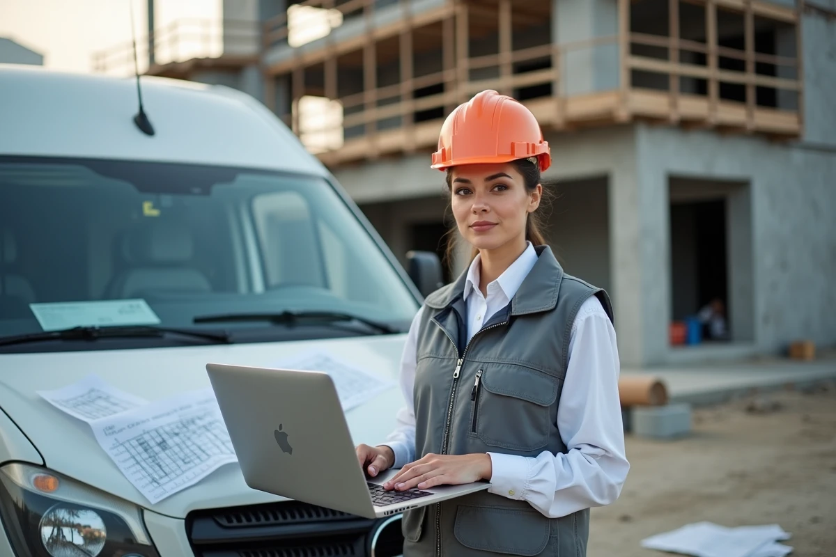 Femme &eacute;lectricienne travaillant sur un van de service sur un chantier