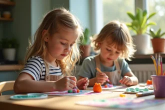 Deux enfants peignant des figurines en argile dans la cuisine lumineuse
