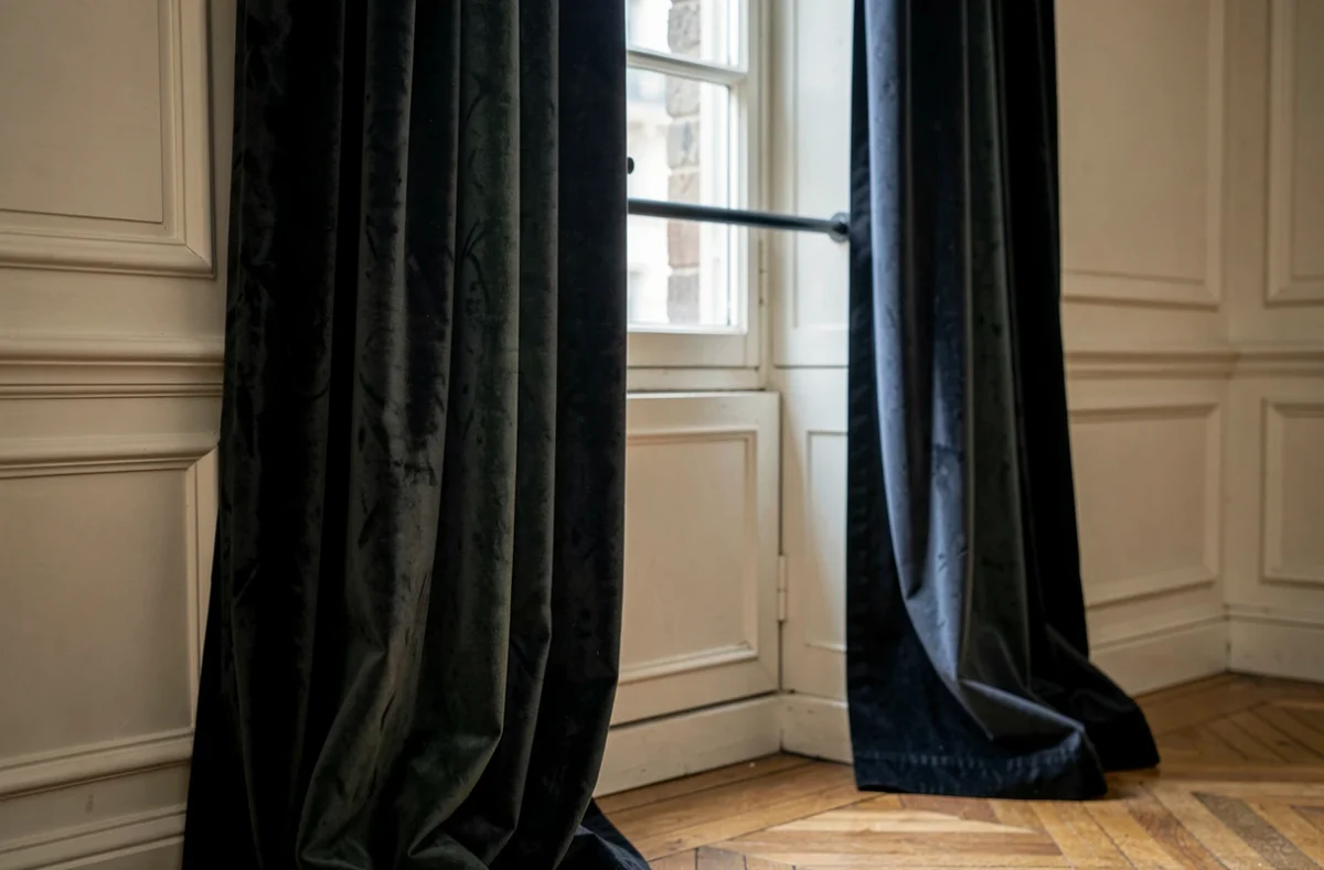 Erreur de décoration avec des rideaux en velours trop lourds et mal positionnés écrasant une petite fenêtre dans un appartement parisien