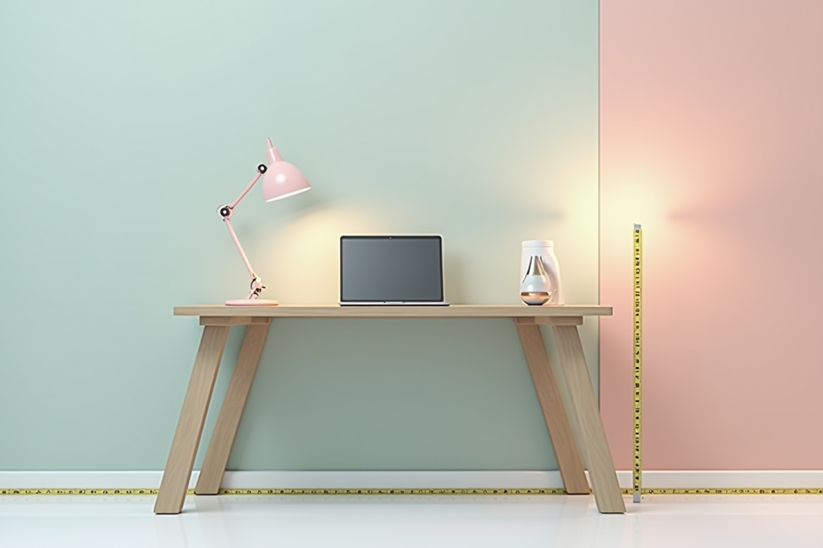 Espace de travail minimaliste avec lampe design et mur pastel