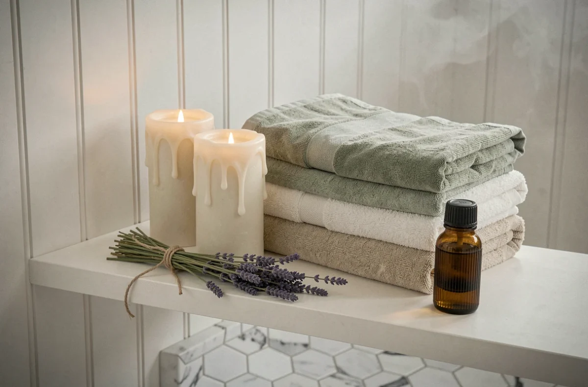 Étagère de salle de bain hygge avec bougies à fausse flamme, serviettes en coton épais et lavande séchée dans un intérieur scandinave