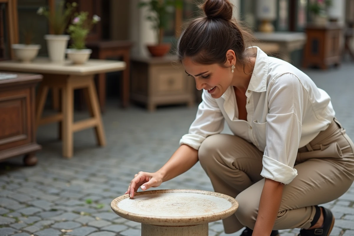 Femme experte examinant une table basse Capron en céramique sur un marché aux puces, vérification de l'authenticité