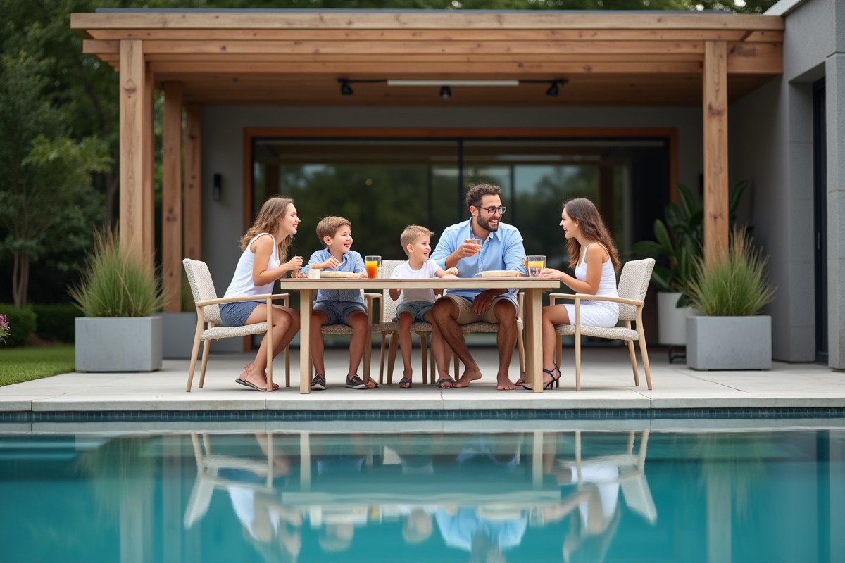Famille profitant d un repas en plein air près de la piscine