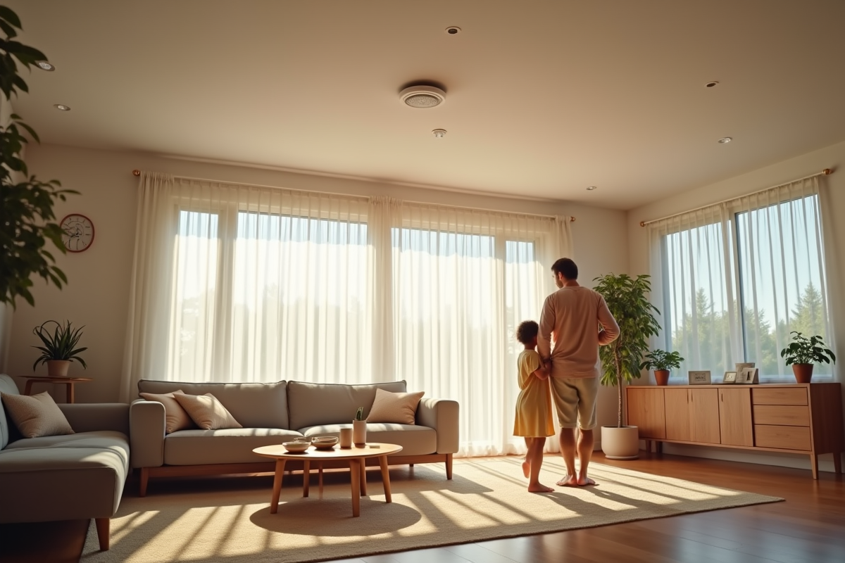 Famille pratiquant un exercice incendie dans un salon lumineux