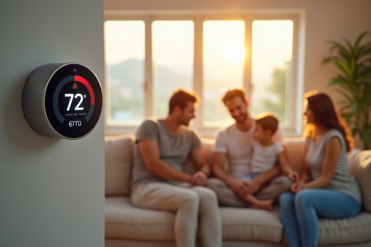 Famille relaxant à l intérieur avec thermostat en erreur