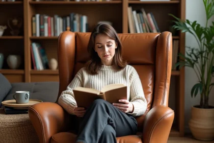 Femme de 40 ans assise dans un fauteuil de lecture en cuir cognac dans un salon cosy avec bibliothèque en bois