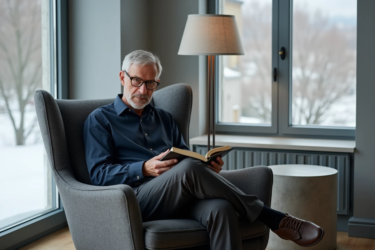 Homme avec lunettes lisant dans un fauteuil à oreilles en laine grise dans un salon de style scandinave