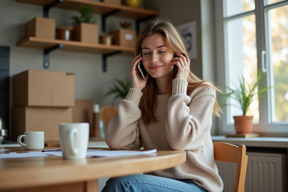 Femme au t&eacute;l&eacute;phone pour l'&eacute;nergie dans une cuisine chaleureuse